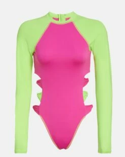 LoveShackFancy X Hurley - Max Solid Blocked Bow Cheeky Surf Suit 16 LoveShackFancy X Hurley - Max Solid Blocked Bow Cheeky Surf Suit -HURLEY Sales HLSFO104 MAGENTA NEON LIME 1