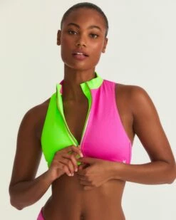 LoveShackFancy X Hurley - Max Solid Blocked High Neck Bikini Top -HURLEY Sales HLSFT105 MAGENTANEONLIME 4
