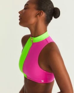 LoveShackFancy X Hurley - Max Solid Blocked High Neck Bikini Top -HURLEY Sales HLSFT105 MAGENTANEONLIME 7