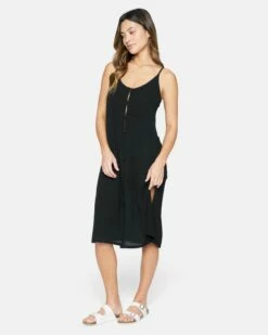 Solid Button Front Midi Dress -HURLEY Sales hc0159 black 3 7395ca87 bde6 438a 9158 58967139800c