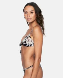 Hawaiiana Tie Front Bralette Bikini Top -HURLEY Sales ht1087 black floral 3